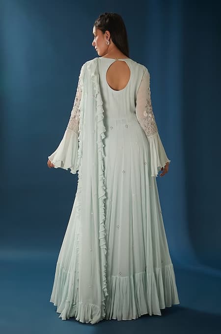 Shop BAIDEHI Blue Georgette Sequins, Pearls, Cut Work Floral Embroidered Draped Anarkali at Aza Fashions Shop_BAIDEHI_Blue Georgette Sequins, Pearls, Cut Work Floral Embroidered Draped Anarkali _at_Aza_Fashions