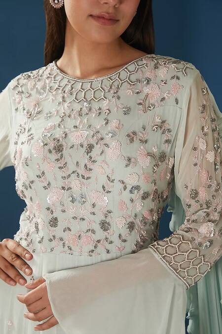 BAIDEHI Blue Georgette Sequins, Pearls, Cut Work Floral Embroidered Draped Anarkali Online at Aza Fashions BAIDEHI_Blue Georgette Sequins, Pearls, Cut Work Floral Embroidered Draped Anarkali _Online_at_Aza_Fashions