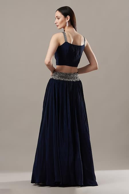 Shop BAIDEHI Blue Satin, Silk Sequins, Beads Scallop Embroidered Blouse And Lehenga Set at Aza Fashions Shop_BAIDEHI_Blue Satin, Silk Sequins, Beads Scallop Embroidered Blouse And Lehenga Set _at_Aza_Fashions