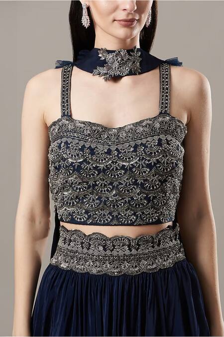 BAIDEHI Blue Satin, Silk Sequins, Beads Scallop Embroidered Blouse And Lehenga Set Online at Aza Fashions BAIDEHI_Blue Satin, Silk Sequins, Beads Scallop Embroidered Blouse And Lehenga Set _Online_at_Aza_Fashions