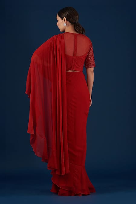 Shop_BAIDEHI_Red Organza, Net, Georgette Sequins, Cut Pre-draped Ruffle Saree And Blouse Set _at_Aza_Fashions