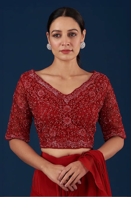 BAIDEHI_Red Organza, Net, Georgette Sequins, Cut Pre-draped Ruffle Saree And Blouse Set _Online_at_Aza_Fashions