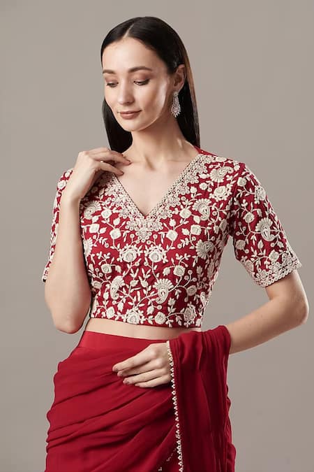 Baidehi_Red Silk, Crepe, Georgette Pearls, Pre-draped Ruffled Lehenga Saree And Blouse Set _Online_at_Aza_Fashions