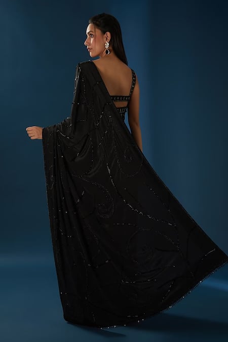 Shop_BAIDEHI_Black Crepe Sequins, Beads, Cut Work Embroidered Pre-draped Saree With Blouse _at_Aza_Fashions