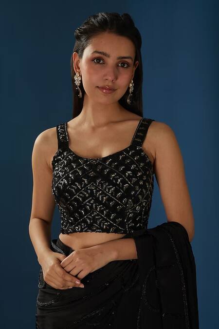 BAIDEHI_Black Crepe Sequins, Beads, Cut Work Embroidered Pre-draped Saree With Blouse _Online_at_Aza_Fashions