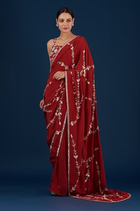 BAIDEHI Red Crepe Cut Work, Pre-draped Flower Vine Embroidered Saree With Blouse 