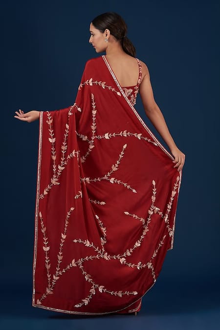Shop_BAIDEHI_Red Crepe Cut Work, Pre-draped Flower Vine Embroidered Saree With Blouse _at_Aza_Fashions