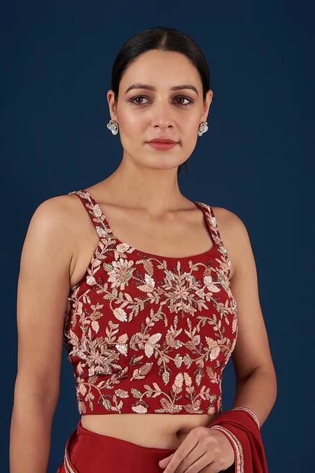 BAIDEHI_Red Crepe Cut Work, Pre-draped Flower Vine Embroidered Saree With Blouse _Online_at_Aza_Fashions