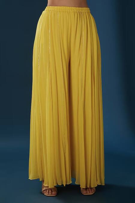 Baidehi_Yellow Georgette, Net Pearls, Floral Gota Patti Work Kurta Sharara Set _Online_at_Aza_Fashions