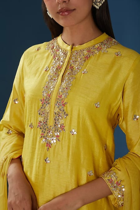 Buy_Baidehi_Yellow Georgette, Net Pearls, Floral Gota Patti Work Kurta Sharara Set _Online_at_Aza_Fashions