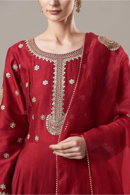 BAIDEHI_Red Bamboo, Organza Embroidery, Gota Patti Flower Bodice Anarkali With Dupatta_Online_at_Aza_Fashions