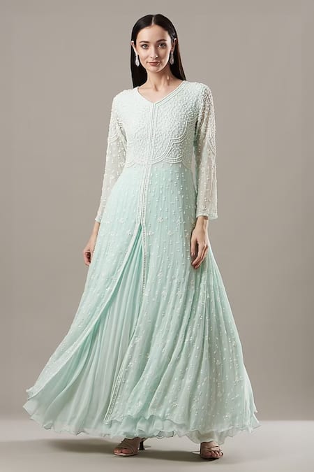 BAIDEHI Blue Georgette Pearls, Sequins, Cut Work Embroidered Double Layered Anarkali 