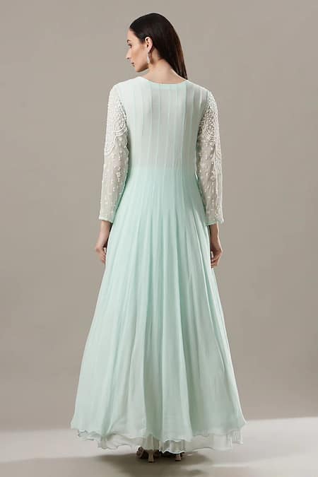 Shop_BAIDEHI_Blue Georgette Pearls, Sequins, Cut Work Embroidered Double Layered Anarkali _at_Aza_Fashions