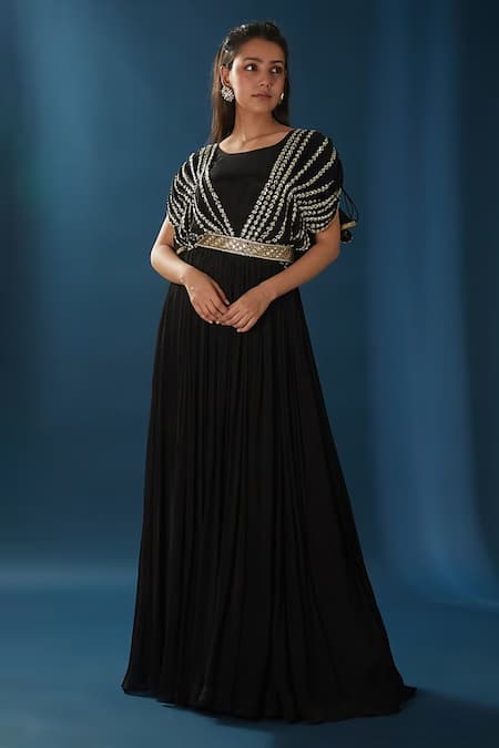 Shop_Baidehi_Black Georgette Cut Work, Pearls, Sequins Round And Embroidered Gown With Belt _at_Aza_Fashions