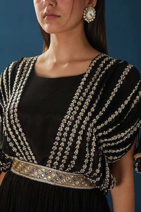 Baidehi_Black Georgette Cut Work, Pearls, Sequins Round And Embroidered Gown With Belt _Online_at_Aza_Fashions