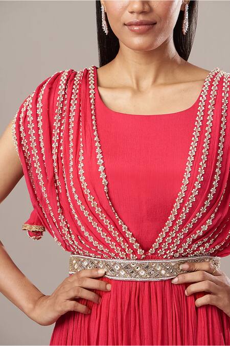 Baidehi Red Georgette Cut Work, Pearls, Mirrors, Sequins Embroidered Gown With Belt Online at Aza Fashions Baidehi_Red Georgette Cut Work, Pearls, Mirrors, Sequins Embroidered Gown With Belt _Online_at_Aza_Fashions