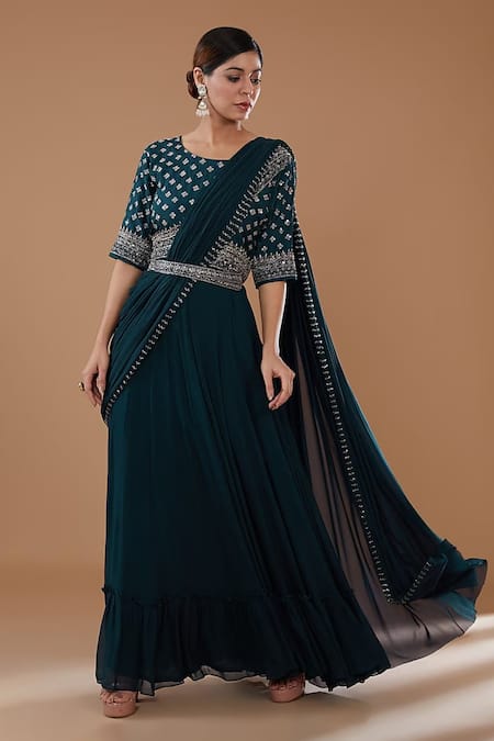 BAIDEHI Dabka Embroidered Pre-Draped Saree Gown With Belt 