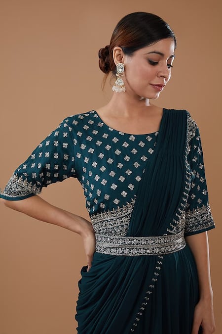 Baidehi_Green Cut Work, Sequins Round Neck Dabka Embroidered Saree Gown _Online_at_Aza_Fashions
