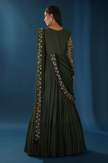 Baidehi Pearl Floral Embroidered Pre-Draped Saree Gown 