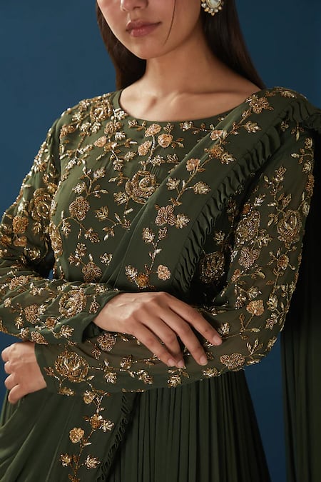 Baidehi_Green Georgette Cut Work, Sequins, Floral Embroidered Pre-draped Saree Gown _Online_at_Aza_Fashions