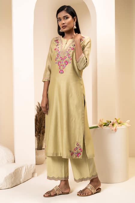 Suvastram Chanderi Floral Embroidered Kurta With Palazzo 