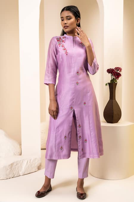 Suvastram Chanderi Floral Embroidered Front Open Kurta With Pant 