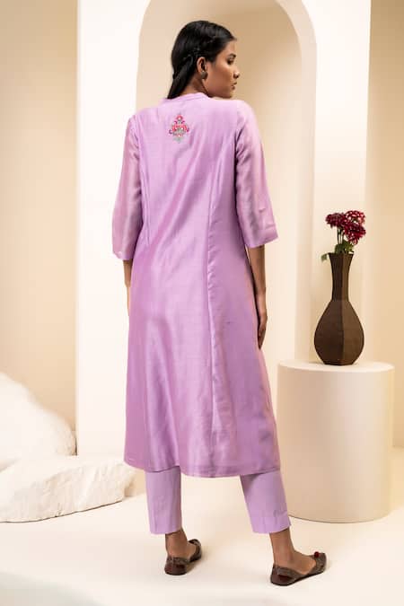 Suvastram Chanderi Floral Embroidered Front Open Kurta With Pant 
