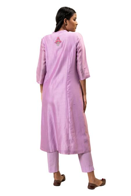 Suvastram_Purple Chanderi Silk, Cotton Embroidery Floral Front Open Kurta With Pant _Online_at_Aza_Fashions