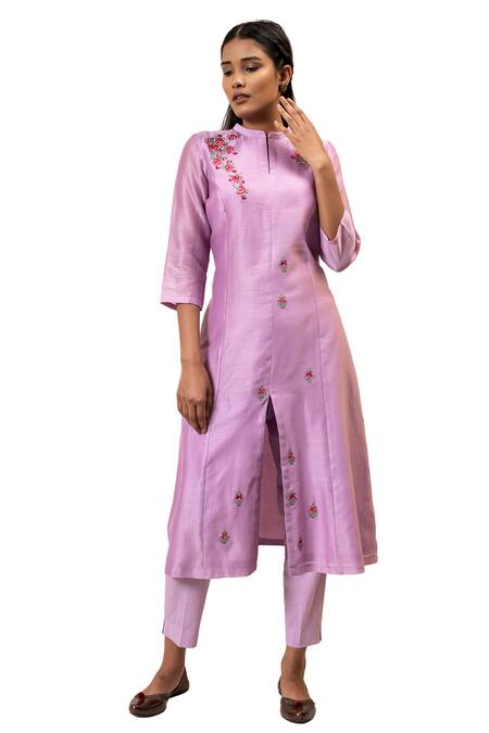 Buy_Suvastram_Purple Chanderi Silk, Cotton Embroidery Floral Front Open Kurta With Pant _Online_at_Aza_Fashions