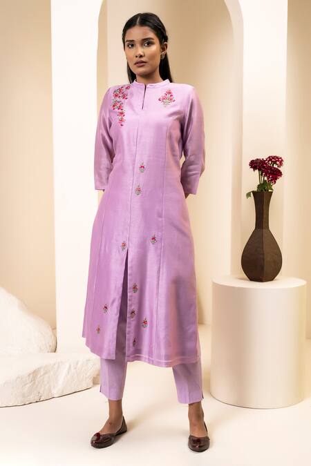 Shop_Suvastram_Purple Chanderi Silk, Cotton Embroidery Floral Front Open Kurta With Pant _Online_at_Aza_Fashions