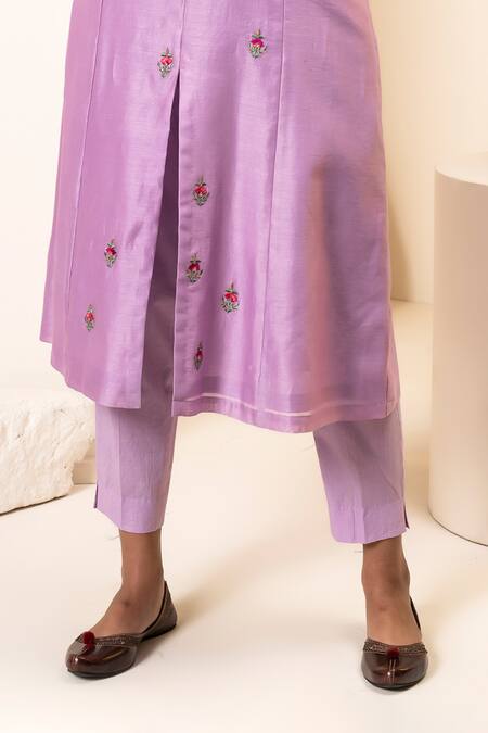 Suvastram_Purple Chanderi Silk, Cotton Embroidery Floral Front Open Kurta With Pant _at_Aza_Fashions