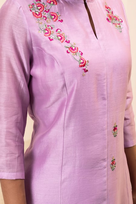 Buy_Suvastram_Purple Chanderi Silk, Cotton Embroidery Floral Front Open Kurta With Pant 