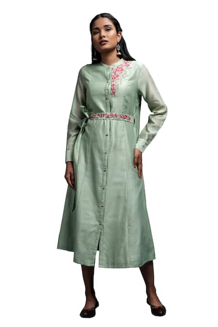 Suvastram Blue Chanderi Silk Embroidery Floral Mandarin Panelled Dress Online at Aza Fashions Suvastram_Blue Chanderi Silk Embroidery Floral Mandarin Panelled Dress _Online_at_Aza_Fashions