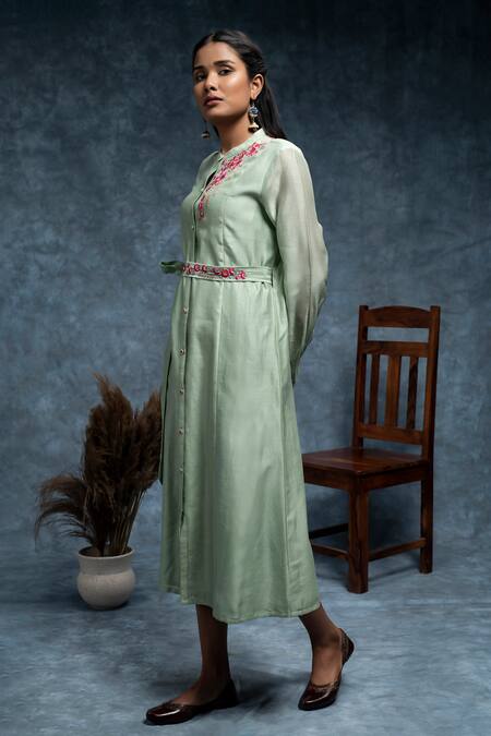 Buy Suvastram Blue Chanderi Silk Embroidery Floral Mandarin Panelled Dress Online at Aza Fashions Buy_Suvastram_Blue Chanderi Silk Embroidery Floral Mandarin Panelled Dress _Online_at_Aza_Fashions