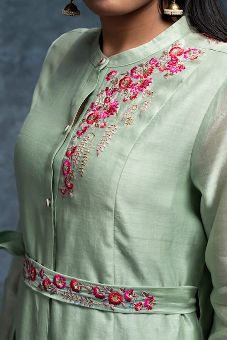 Suvastram Blue Chanderi Silk Embroidery Floral Mandarin Panelled Dress at Aza Fashions Suvastram_Blue Chanderi Silk Embroidery Floral Mandarin Panelled Dress _at_Aza_Fashions