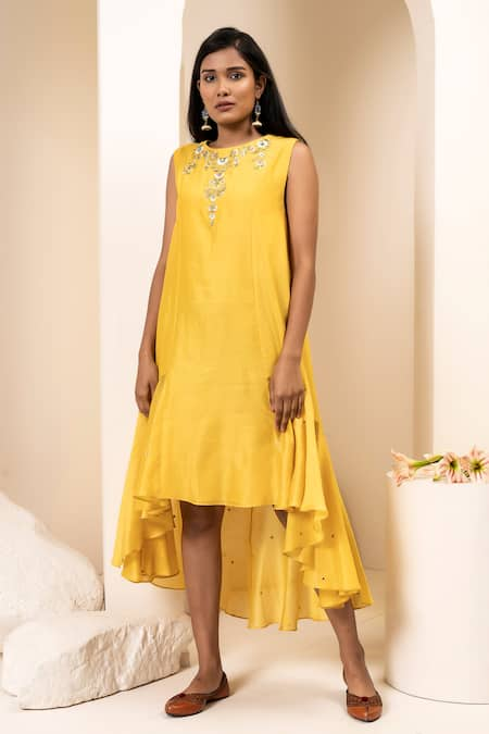 Suvastram Yellow Chanderi Silk Embroidery Floral Round High-low Panelled Dress 