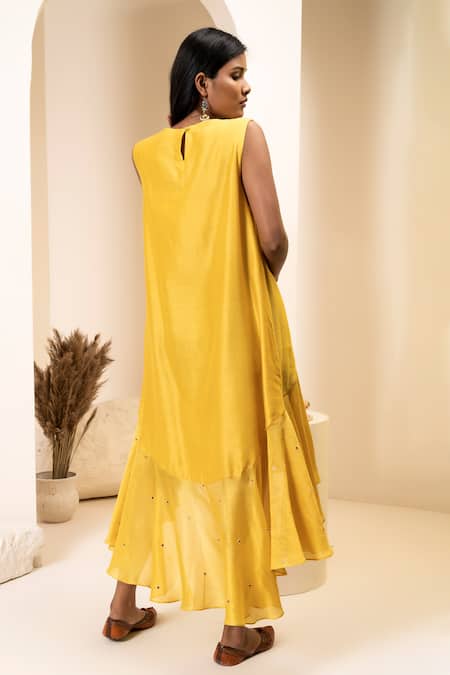 Suvastram Chanderi High-Low Panelled Floral Embroidered Dress 