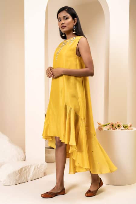 Suvastram_Yellow Chanderi Silk Embroidery Floral Round High-low Panelled Dress _Online_at_Aza_Fashions