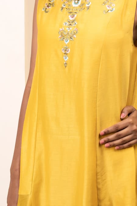 Shop_Suvastram_Yellow Chanderi Silk Embroidery Floral Round High-low Panelled Dress _Online_at_Aza_Fashions
