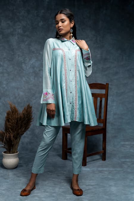 Suvastram Chanderi Floral Embroidered Circular Panelled Tunic With Pant 