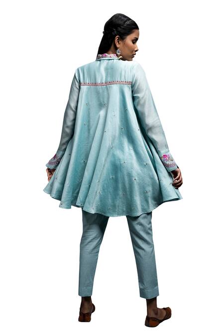 Buy_Suvastram_Sky Blue Chanderi Silk, Cotton Floral Circular Panelled Tunic With Pant _Online_at_Aza_Fashions