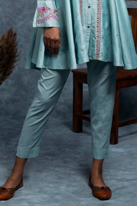 Shop_Suvastram_Sky Blue Chanderi Silk, Cotton Floral Circular Panelled Tunic With Pant _Online_at_Aza_Fashions