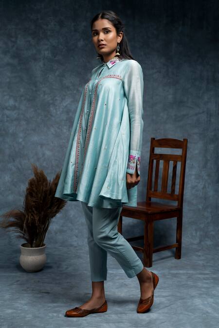 Suvastram_Sky Blue Chanderi Silk, Cotton Floral Circular Panelled Tunic With Pant _at_Aza_Fashions