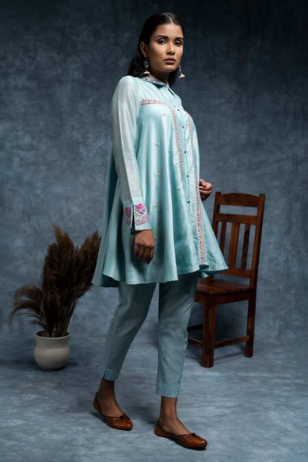 Buy_Suvastram_Sky Blue Chanderi Silk, Cotton Floral Circular Panelled Tunic With Pant 