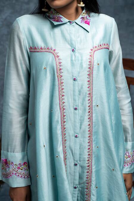 Shop_Suvastram_Sky Blue Chanderi Silk, Cotton Floral Circular Panelled Tunic With Pant 