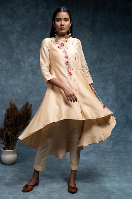 Suvastram Chanderi Floral Emroidered Front Open Drawstring Tunic With Pant 