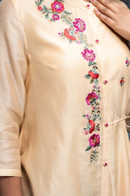 Suvastram_Peach Chanderi Silk, Floral Emroidered Front Open Drawstring Tunic With Pant _at_Aza_Fashions