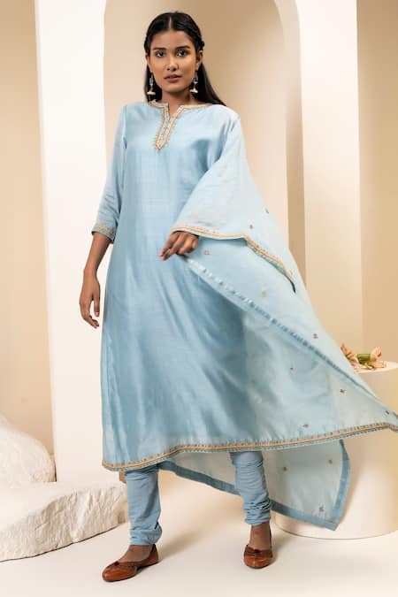 Suvastram Sky Blue Kurta Chanderi Silk Embroidery Notched Attached Dupatta With Churidar 