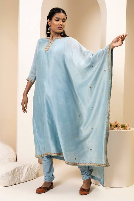 Buy_Suvastram_Sky Blue Chanderi Silk, Cotton Embroidery Kurta Attached Dupatta With Churidar _Online_at_Aza_Fashions