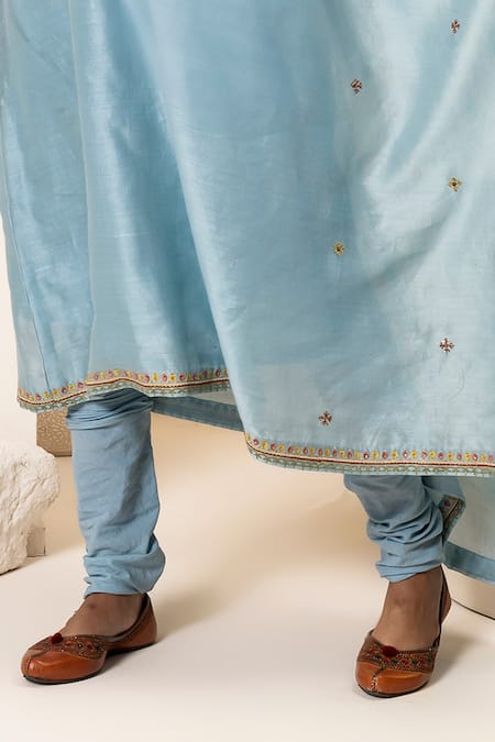 Shop_Suvastram_Sky Blue Chanderi Silk, Cotton Embroidery Kurta Attached Dupatta With Churidar _Online_at_Aza_Fashions